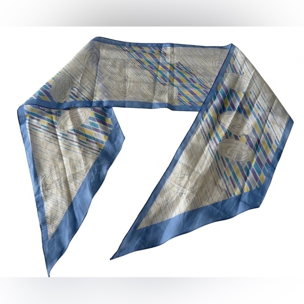 Vintage Italian Geometric Polyester Silk Feel Skinny Scarf - Blue, Yellow